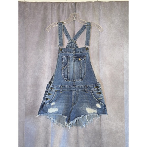 Boom Boom Jeans Shortalls Blue Denim Destroyed Frayed Shortalls Juniors Small - Picture 1 of 12